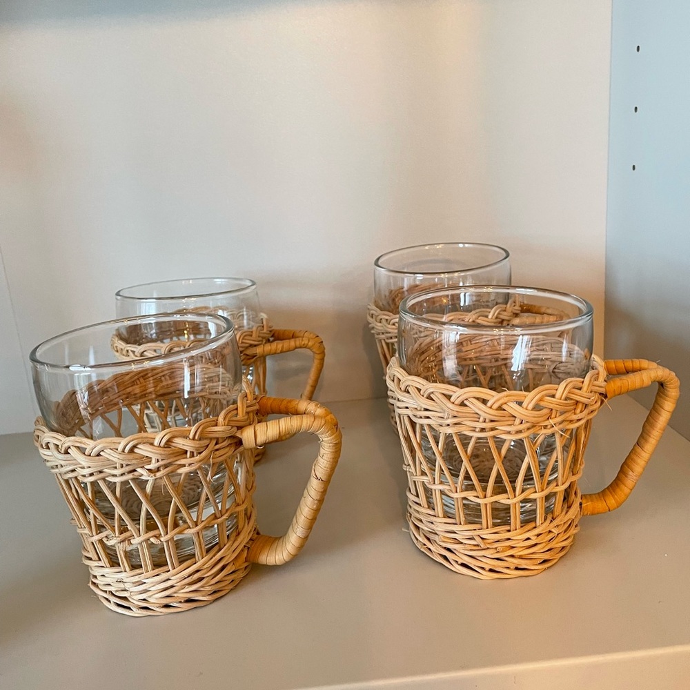 Four matching wicker wrapped glasses